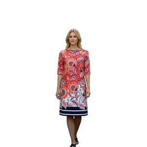 Eliza J. Dress Size 4 Orange Floral Navy Striped 3/4 Sleeve Sheath Lined Midi